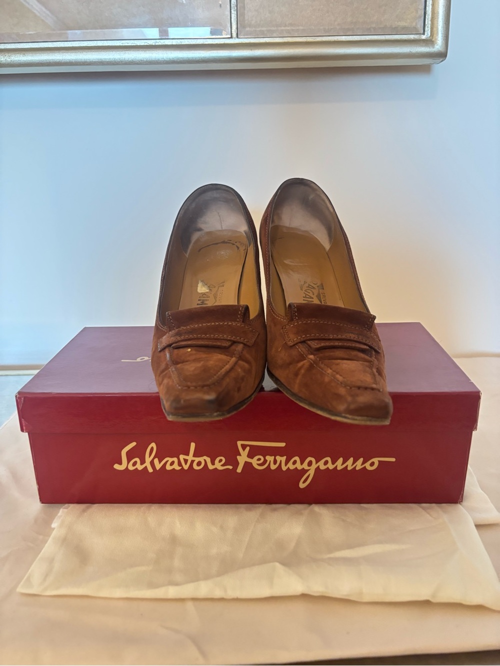 Salvatore Ferragamo Brown Suede Penny Loafers